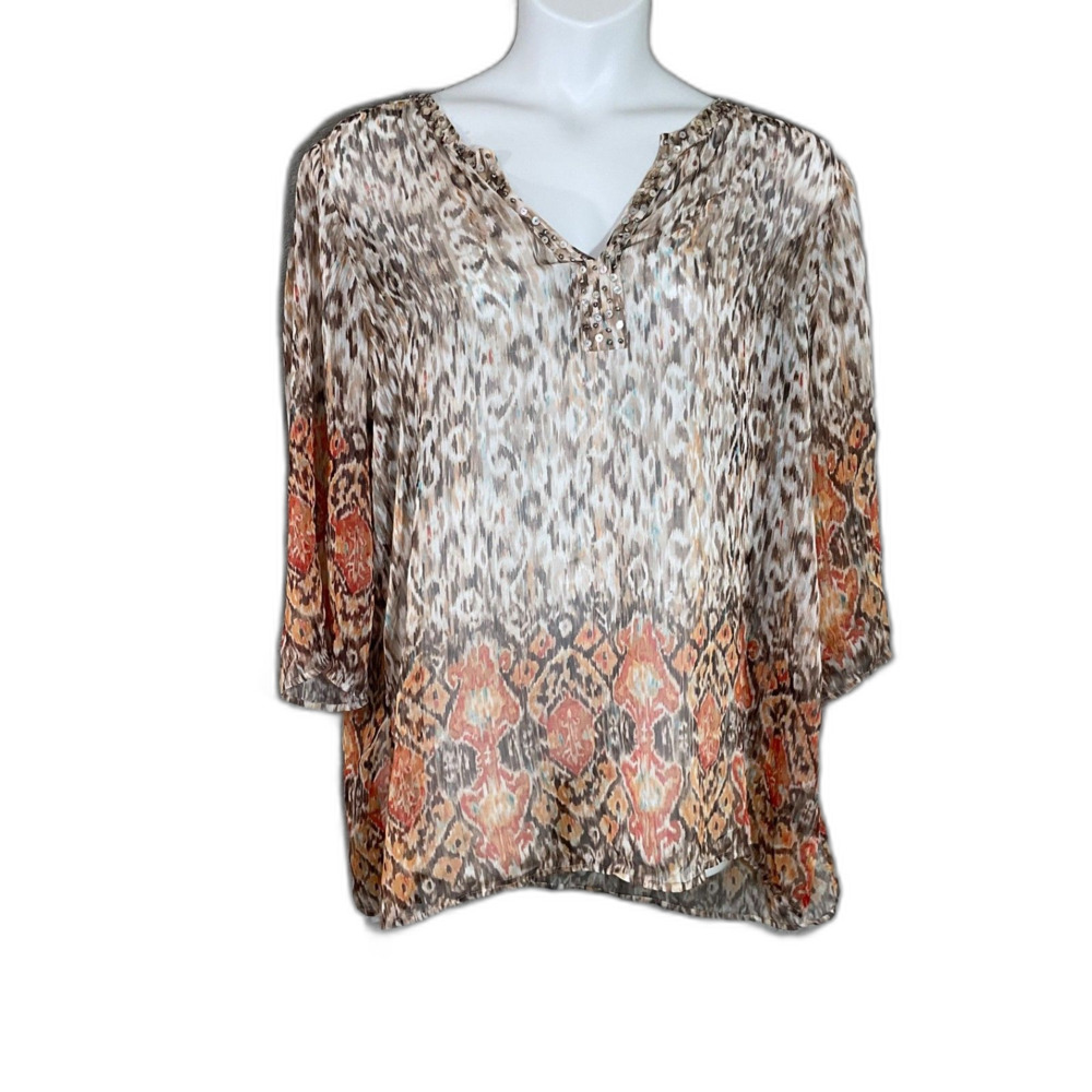 Chico's Sheer Beaded Tunic Kaftan Blouse Top Women's Size XL Ikat sequine